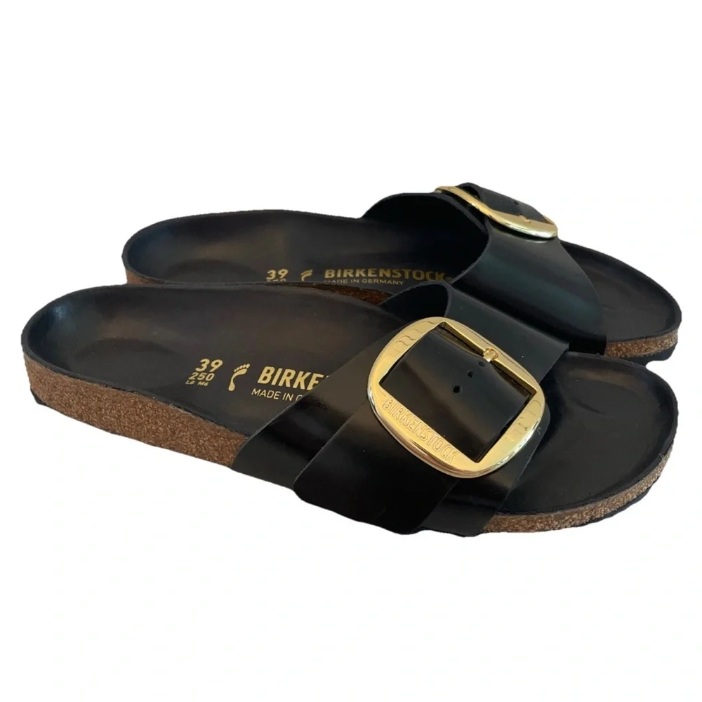 Birkenstock Madrid High Shine Big Buckle Black Slide Sandal Gold Size 39/US 8 - Picture 3 of 12